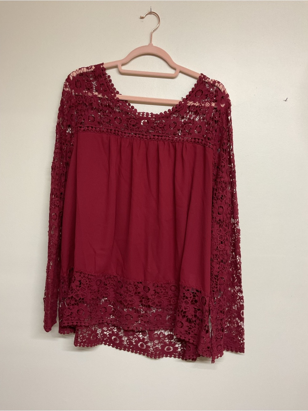Adiva Burgundy Crochet Lace Peasant Blouse